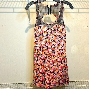 MATERIAL GIRL floral romper of orange & pink; zippered fit-n-flare silhouette